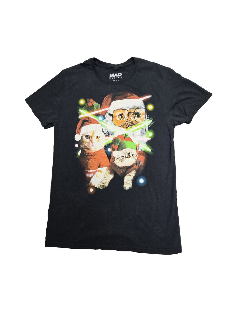 MAD Engine Men's Black Christmas Cat Graphic T-Shirt Short Sleeve Crew Neck S